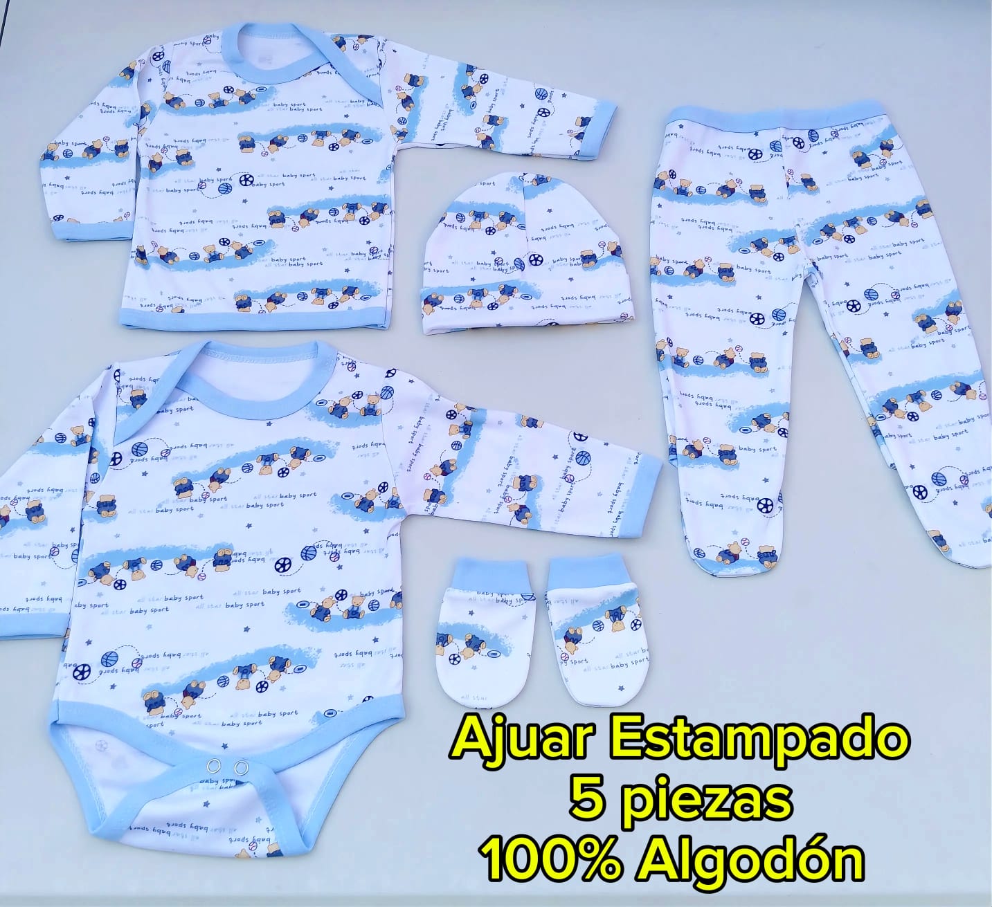 Ajuar Bebé Estampado 5 Piezas 100% Algodón | Recién Nacido 0-3 Meses