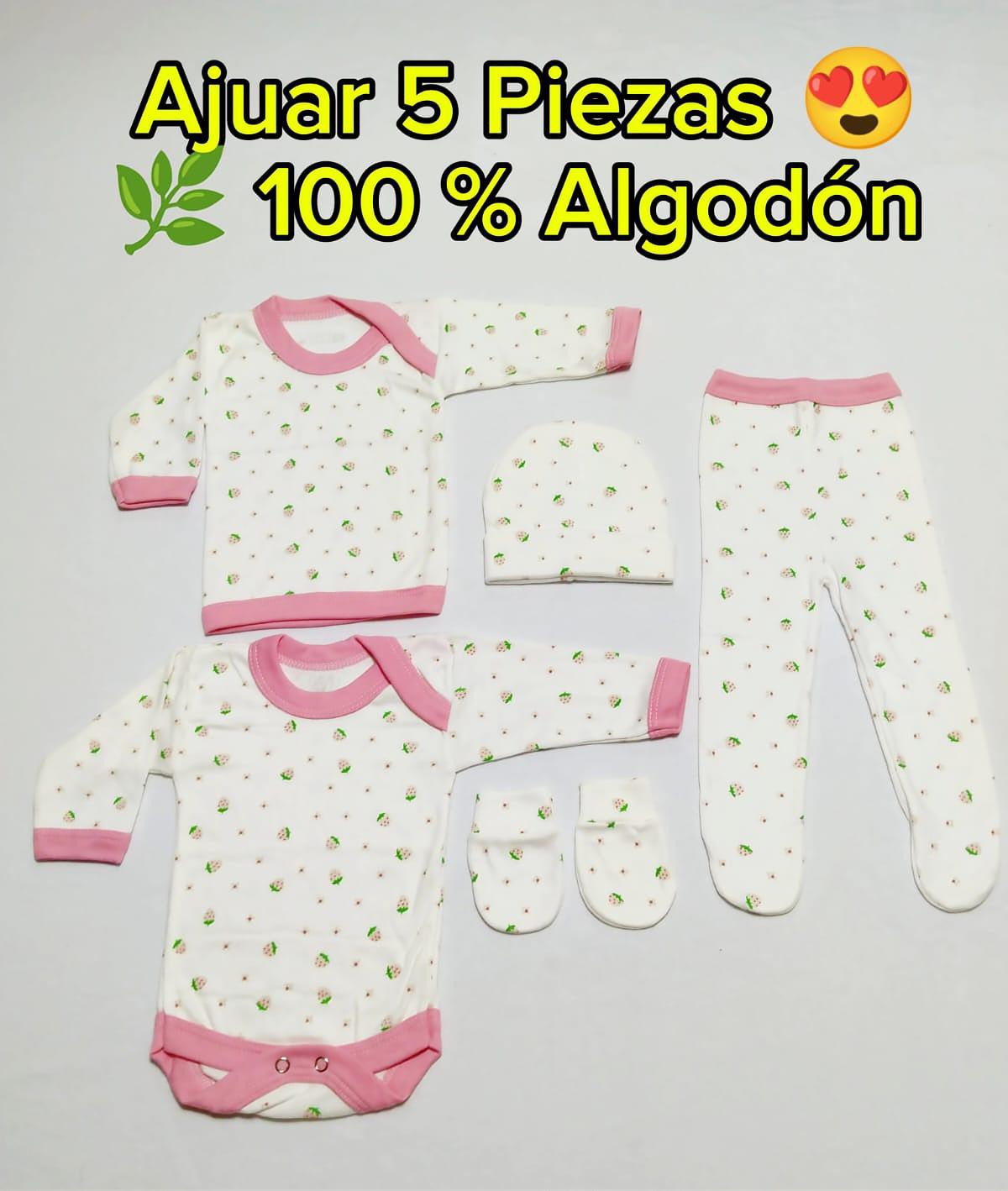 Ajuar Bebé 5 Piezas 100% Algodón Rosado | Recién Nacido 0-3 Meses