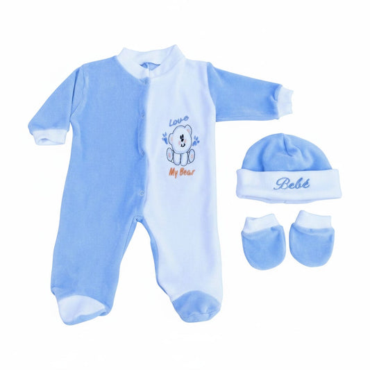 Osito plush 3 Piezas Plush Algodón – Celeste- Conjunto Bebe | Baby Babylette