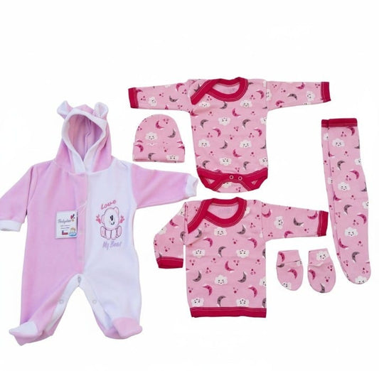 Ajuar Bebé Recién Nacida Algodón Estampado con Enterito Plush con Capucha